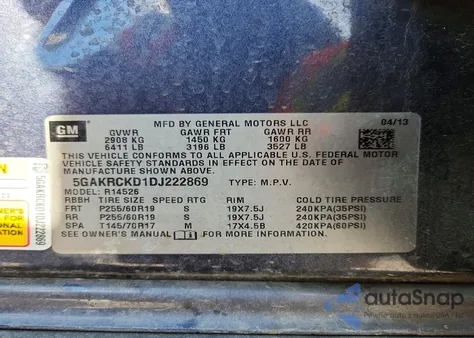 2013 Buick Enclave из США, поврежденный, VIN 5GAKRCKD1DJ222869